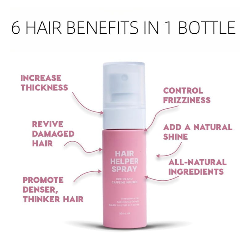 Frasco cilíndrico rosa de spray hidratante para el crecimiento del cabello con biotina y cafeína, con dispensador tipo bomba blanco, para el cuidado del cabello y la estimulación del crecimiento, 50 ml.
