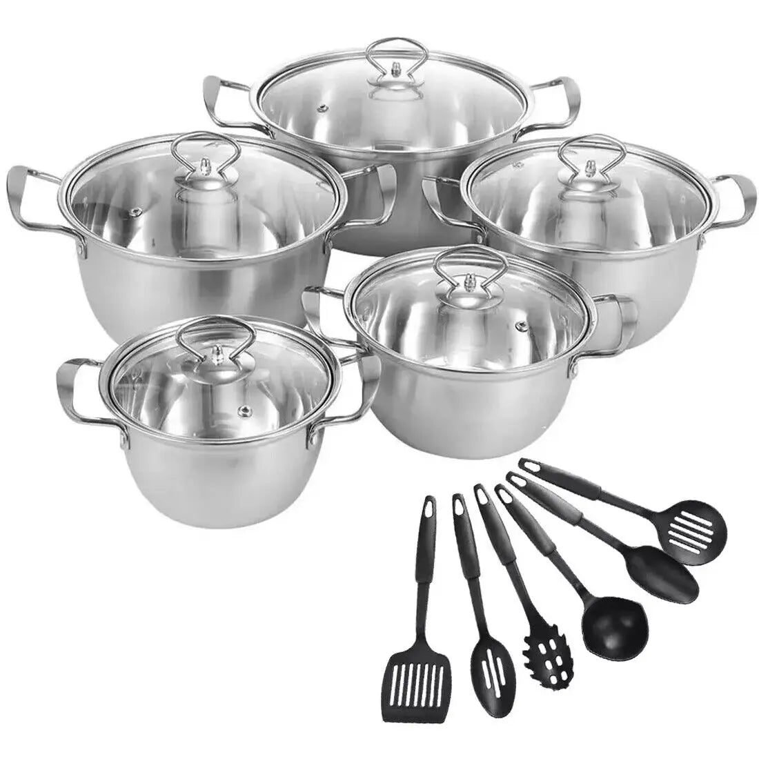 Stainless steel induction cookware set 11 pieces featuring stainless steel pots with glass lids and black silicone utensils.
