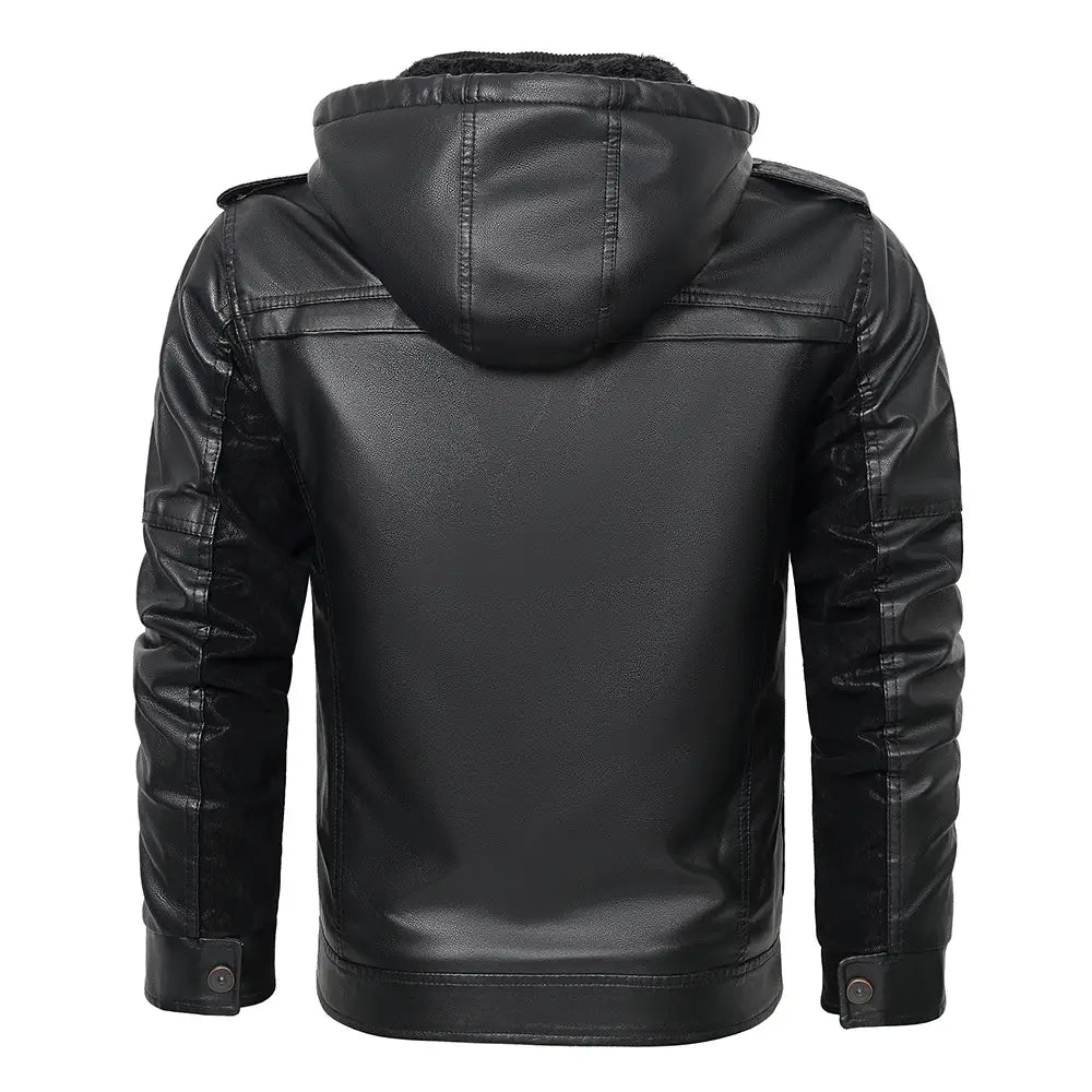 Chaqueta con capucha de PU de forro polar para hombre en cuero sintético negro, con forro interior acolchado para clima frío.