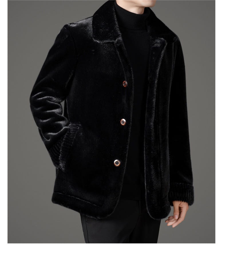 Black faux fur winter coat for men featuring a plush velvety texture and matching collar.