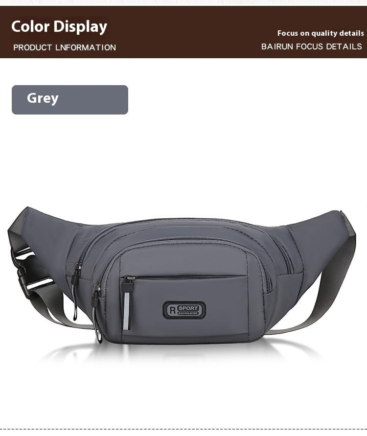 grey r sport branded men’s waterproof nylon multifunctional crossbody waist bag with multiple zippered compartments and adjustable strap