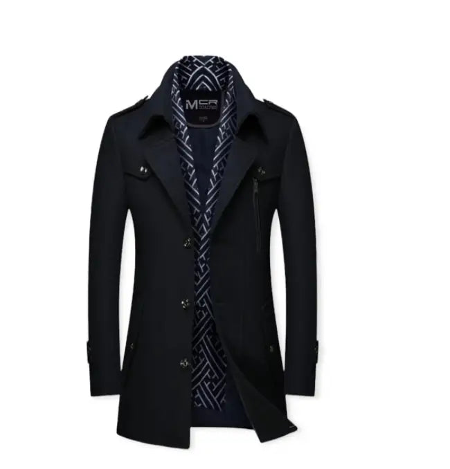 Men thickened black woolen trench coat with double collar and geometric patterned inner lining.