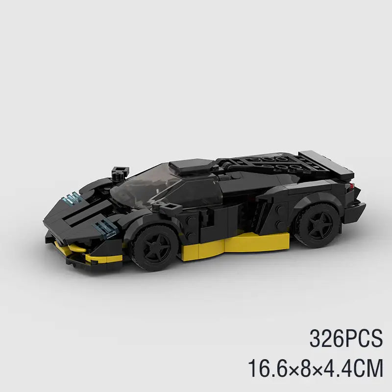 Modèle de voiture de sport Lego Technic noir et jaune, au design aérodynamique élégant, issu de l’ensemble de construction de blocs de la voiture de course M10271, contenant 326 pièces.