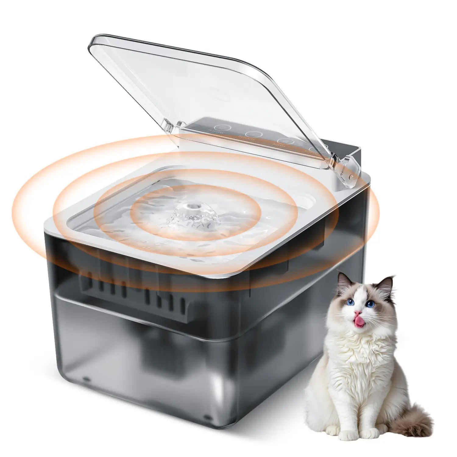 Kabellose Katzen-Wasserfontäne 3 l aus Edelstahl mit klarem Kunststoff-Wasserbehälter, transparentem Deckel und sichtbarem Pumpenmechanismus im Inneren.