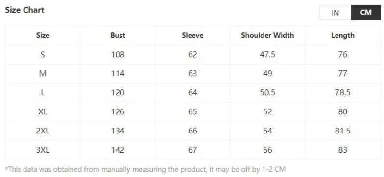 Size chart for mandarin collar linen blend wrinkle resistant casual shirt showing measurements in inches and centimeters for sizes S through 3XL.