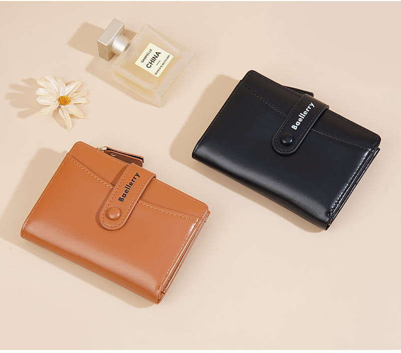 Carteras de mujer Baellerry de cuero negro y camel con cierres a presión, hechas de carteras cortas de cuero PU