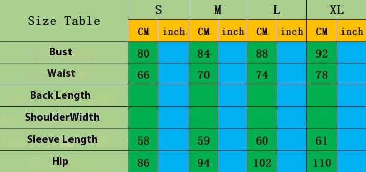 L’image présente un tableau des tailles en centimètres et en pouces pour la robe moulante bodycon ajustée à manches longues froncées et à imprimé, disponible des tailles S à XL.