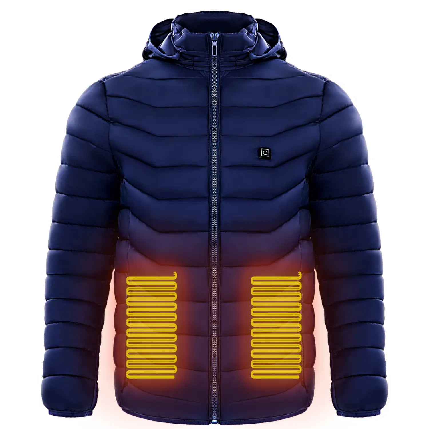 Navy blue unisex 9 zone electric heated hooded puffer jacket with visible heating elements on the lower front panels designed for warmth and comfort.