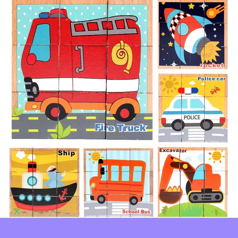 ensemble de pièces de puzzle du camion de pompiers en bois rouge et blanc, provenant du jeu éducatif précoce en cube à puzzle 6 en 1.