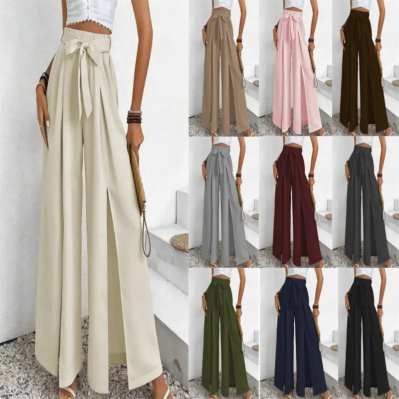 Pantalon ample à taille haute beige, en tissu souple, avec ceinture à nouer assortie et fente latérale, pour un port décontracté.