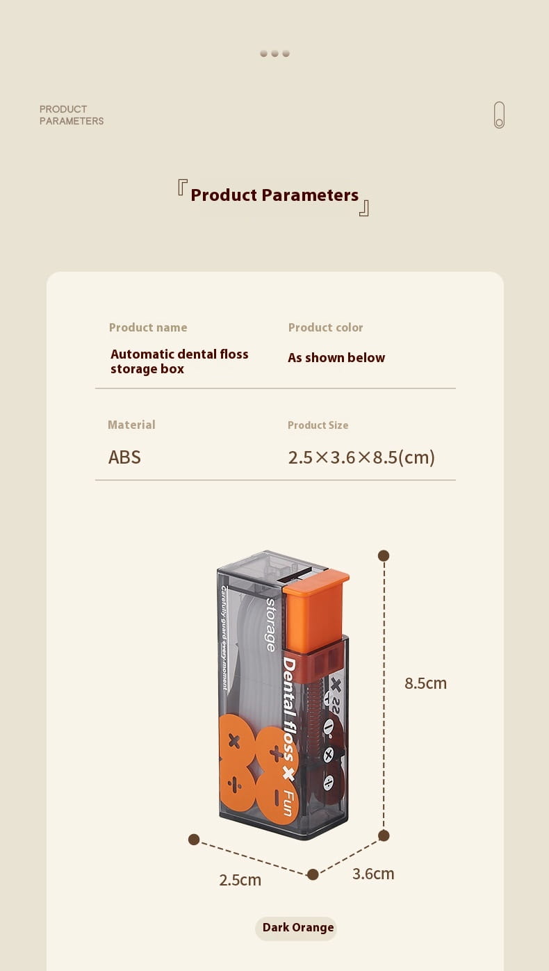 Caja portátil para hilo dental de plástico ABS color naranja oscuro con dispensador automático de apertura emergente, panel lateral transparente y tapa naranja.
