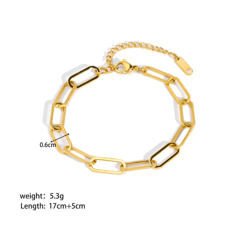 18k gold pvd plated stainless steel chain link bracelet featuring gold-toned paperclip style links with a secure clasp and adjustable chain.