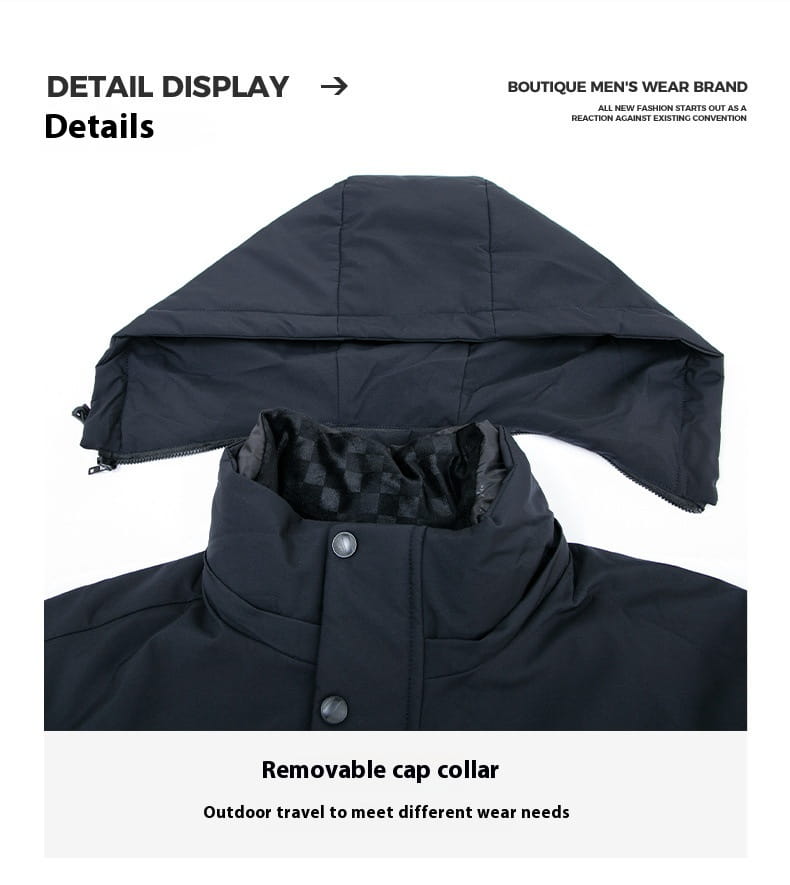 Chaqueta de invierno negra con capucha, con diseño acolchado y cuello tipo puffer con gorra desmontable, en estilo de chaqueta acolchada térmica
