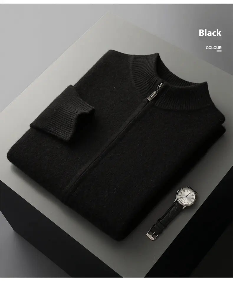 Black wool zip-up men cardigan sweater with ribbed cuffs and collar for casual comfort.