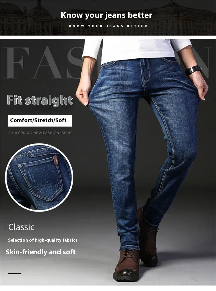 Pantalones vaqueros de mezclilla elástica de corte slim fit para hombre, de lavado oscuro, rectos, en color azul, con costuras clásicas y una tela suave y amigable con la piel.