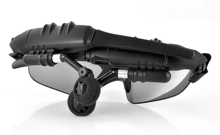 black tactical smart bluetooth audio sunglasses with hd camera and mic featuring matte-finished plastic frames and dark gray lenses