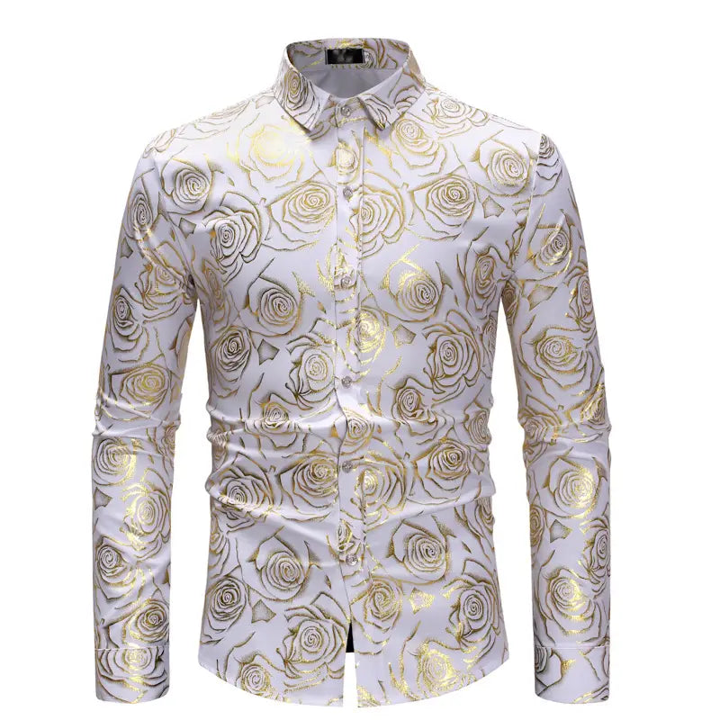 Chemise de ville blanche pour homme à manches longues présentant un motif floral de roses dorées adapté à un usage décontracté