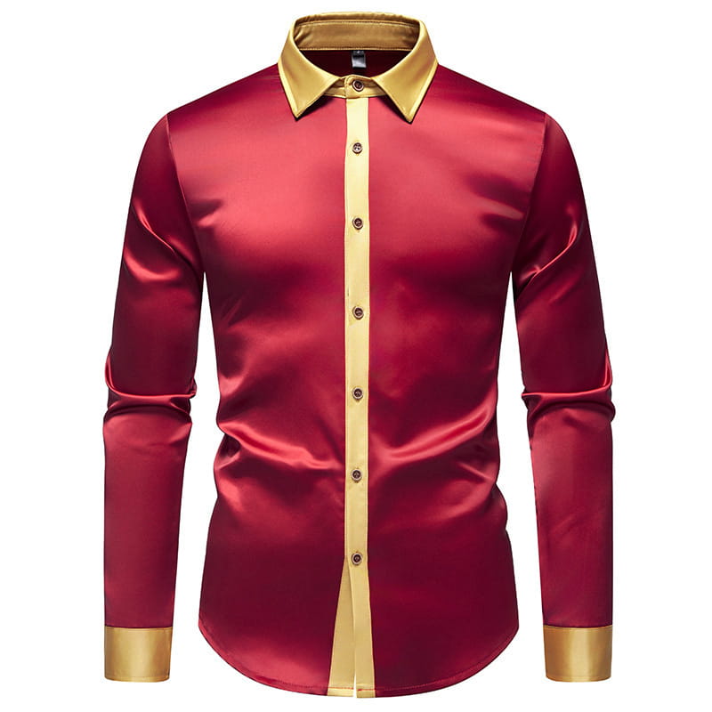 Una elegante camisa de vestir para hombre en satén rojo intenso con acabado satinado y vivos dorados a lo largo de la tapeta del cuello y los puños, de la colección de camisas de manga larga colorblock de satén.