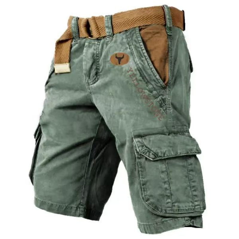 Bermudas cargo vert olive pour hommes, avec plusieurs poches, accents en tissu brun et ceinture assortie, présentés depuis la face arrière