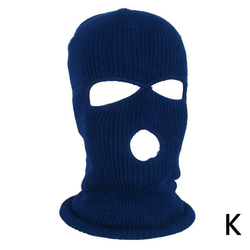 Bonnet cagoule tricoté bleu marine foncé, avec des ouvertures pour les yeux et la bouche, conçu comme un masque chaud pour le cyclisme