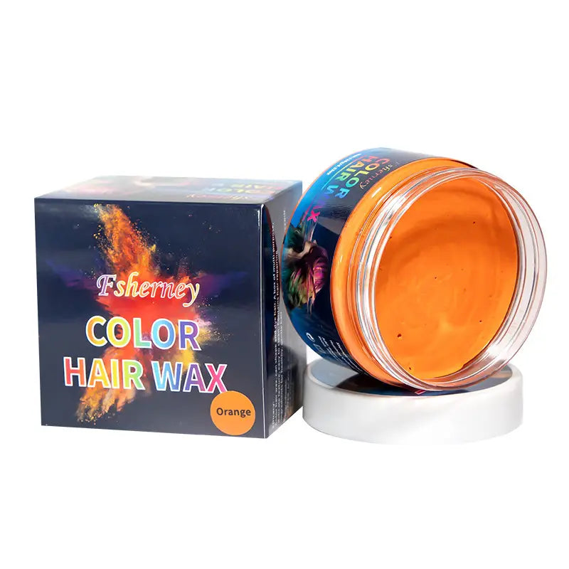 Fsherney-Brand Orangene Haarfarb-Wachs-Styling-Knete in einem klaren Glas mit farbenfrohem Etikett und starkem Halt, Schlamm dargestellt neben seiner gebrandeten Verpackung.