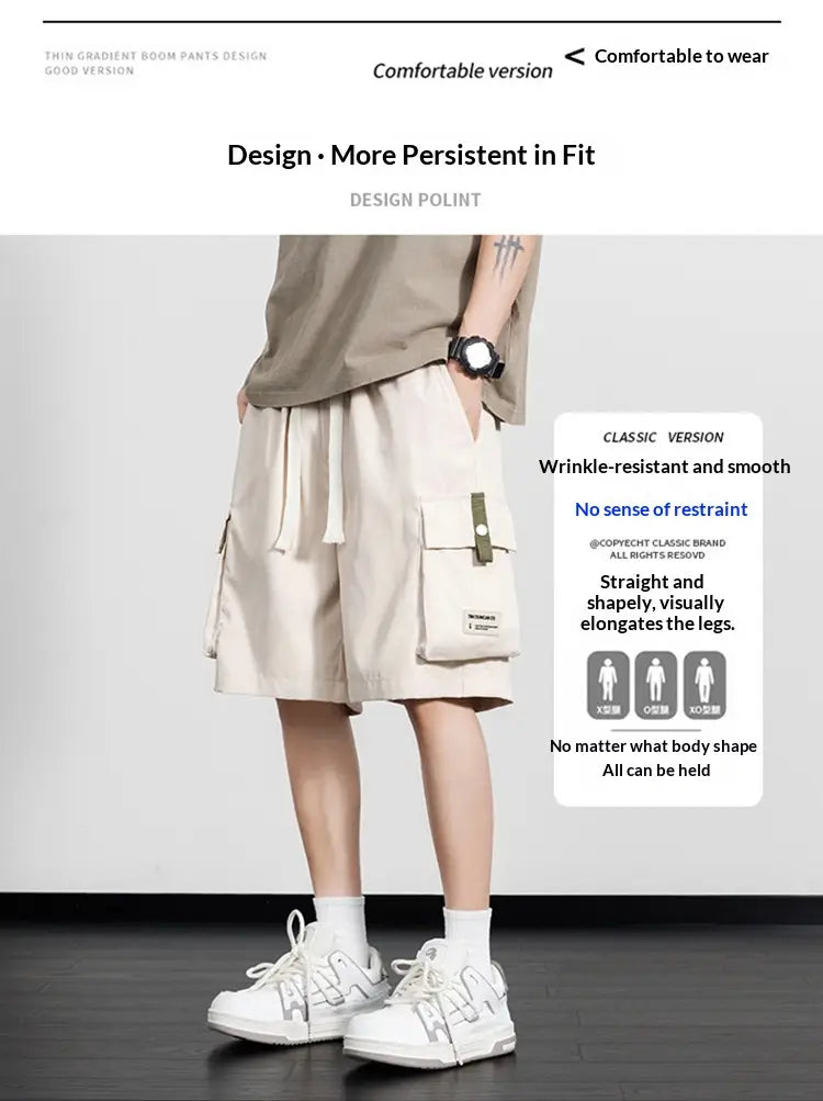 Shorts cargo décontractés beige dégradé fin pour homme grande taille, avec taille à cordon et poches latérales, conçus pour une coupe ample et un usage sportif