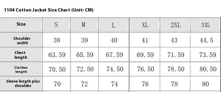 Size chart in centimeters for the mens corduroy puffer jacket retro winter warm coat 1104 cotton jacket model showing measurements for sizes S through 3XL.