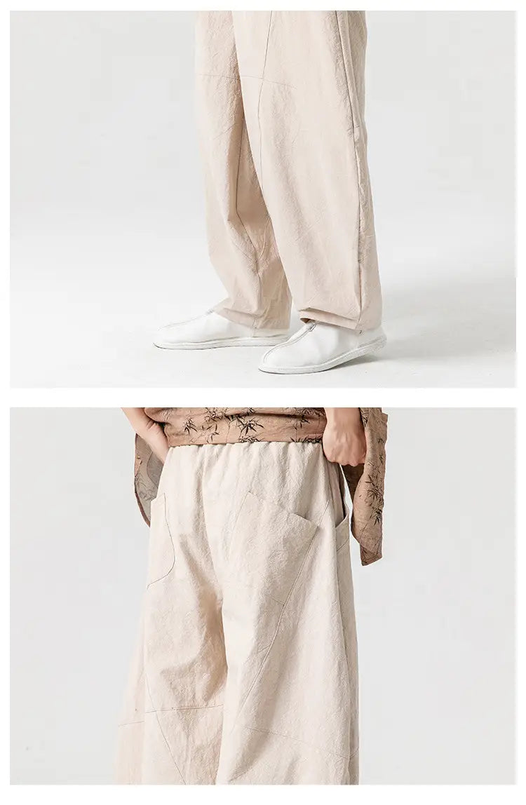Pantalon ample en lin de tai-chi beige, coupe ample et décontractée, avec détails brodés subtils, pour un port décontracté.