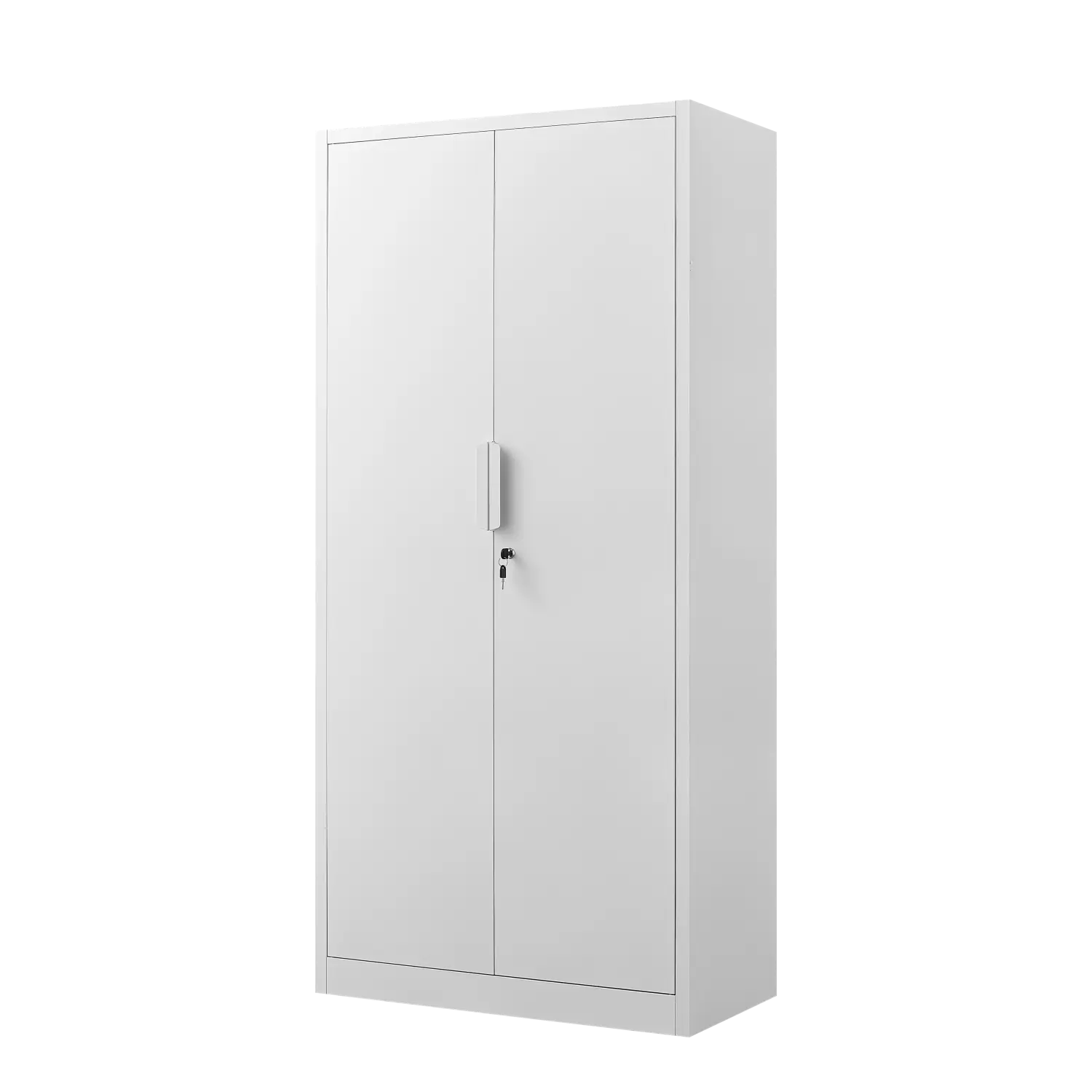 White metal two-door steel file cabinet 70 inch lockable storage with sleek minimalist design and vertical handle.
