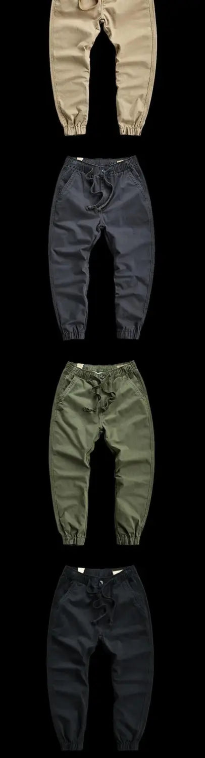 Men’s casual cargo jogger pants in beige navy blue olive green and black with a tapered fit drawstring waist and elastic cuffs designed for comfort and style.
