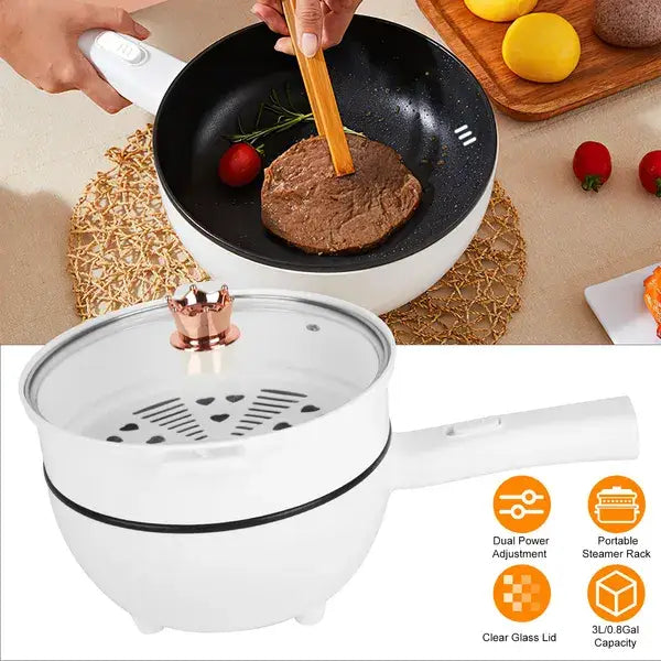 White electric hot pot 3l multi cooker with steamer 1000w featuring a clear glass lid and a rose gold crown shaped knob.