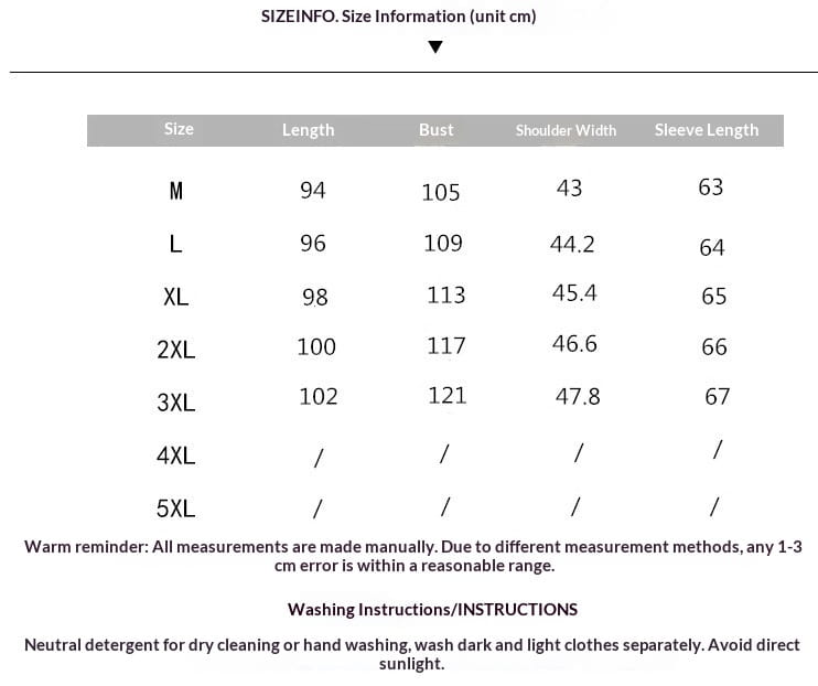 Size information table in centimeters for a men wool trench coat double breasted Korean style jacket showing measurements from size m to 5xl.