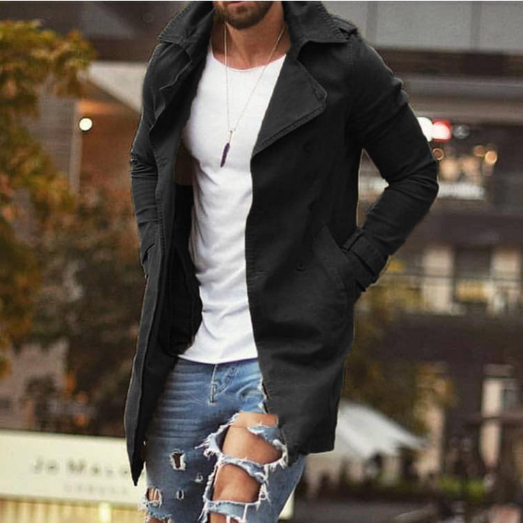 Black denim trench coat with a slim fit plus size design, featuring a classic collar and front pockets, mid length.