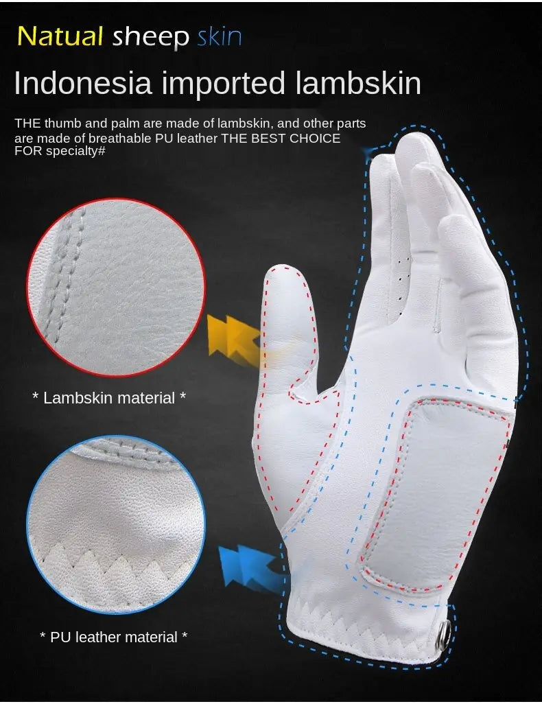 White men genuine leather breathable golf glove made of natural sheepskin and pu leather with detailed stitching shown from the back side.