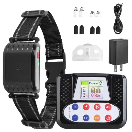 black 2-in-1 wireless dog fence and remote training collar with adjustable strap and control unit displaying settings on screen designed for pet containment and training ipx6.