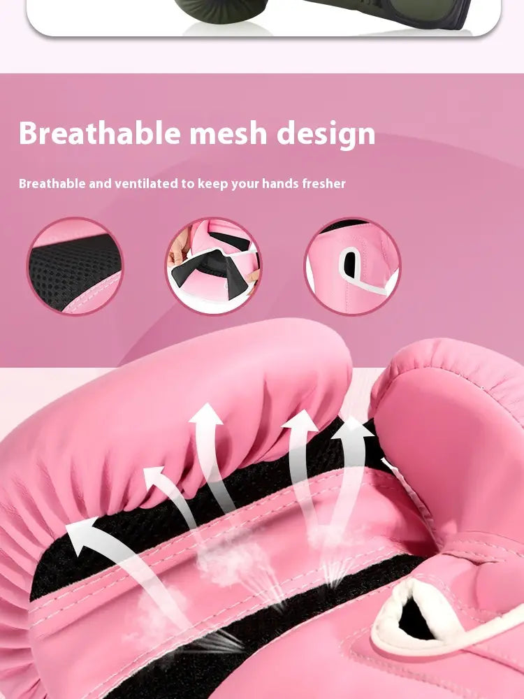 Damen-Rosa-Boxhandschuhe mit atmungsaktivem Mesh-Design und schwarzen Akzenten für Training und Sanda-Kampfausrüstung.