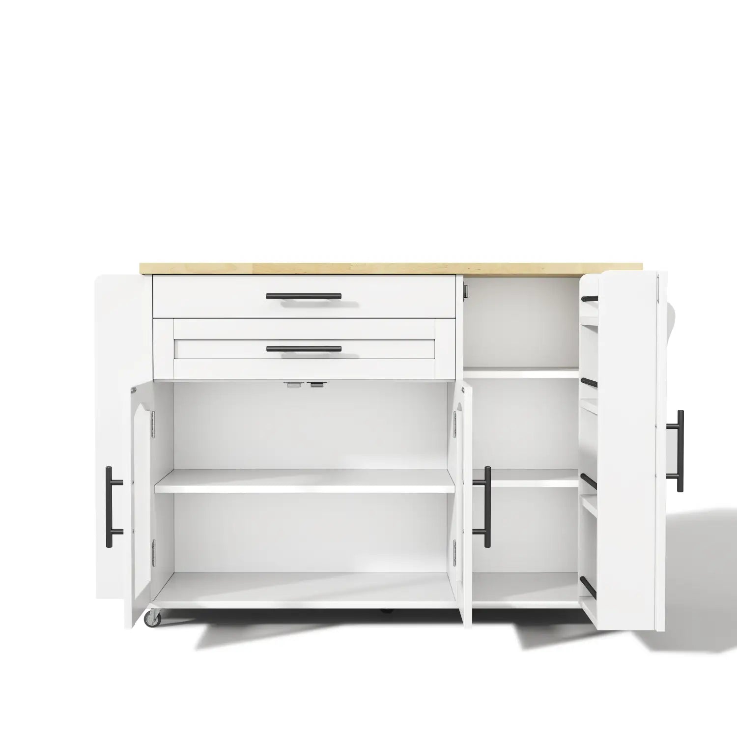 White mobile kitchen island cart with light wood countertop and black handles featuring a foldable worktop and wheels.