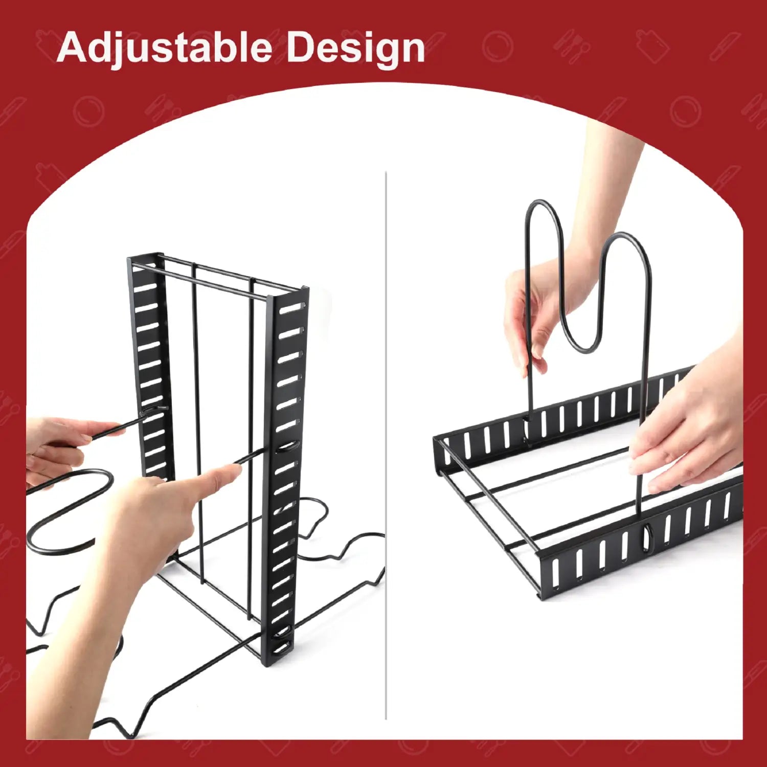 Black metal adjustable pot rack and pan organizer with slotted sides and curved handle for kitchen storage.