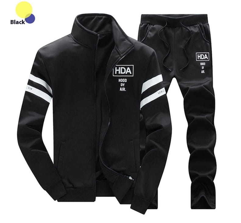 Mens black hda hood by air track suit athletic zip sweatshirt jacket with white stripes on the sleeves and chest logo.