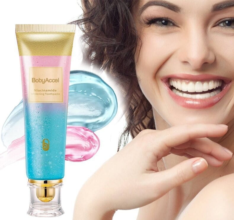 A sleek gradient blue and pink tube of babyaccel niacinamide whitening toothpaste for men and women 100g with a gold cap and base.