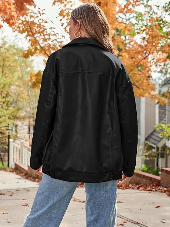 Black faux leather bomber jacket with oversized relaxed fit and subtle stitching details.