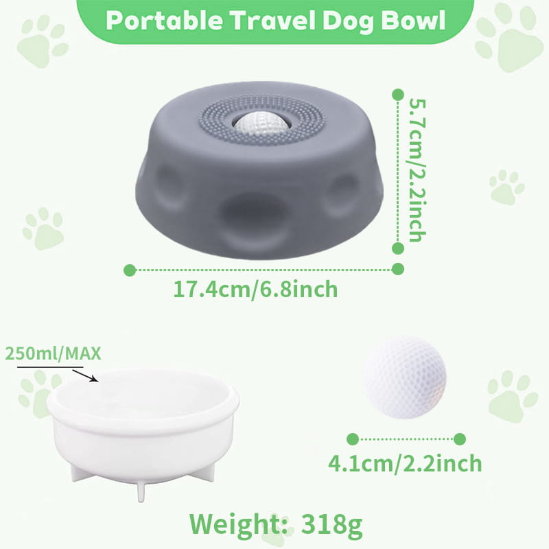Bol à lécher pour chien à alimentation lente en silicone gris, rond, avec surface texturée et trois petits pieds, pour une utilisation portable en déplacement.
