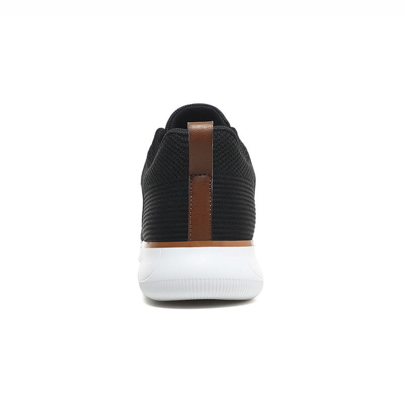 Mesh sneakers for men featuring black breathable mesh fabric with brown leather accents and a white rubber sole for casual flying woven shoes.