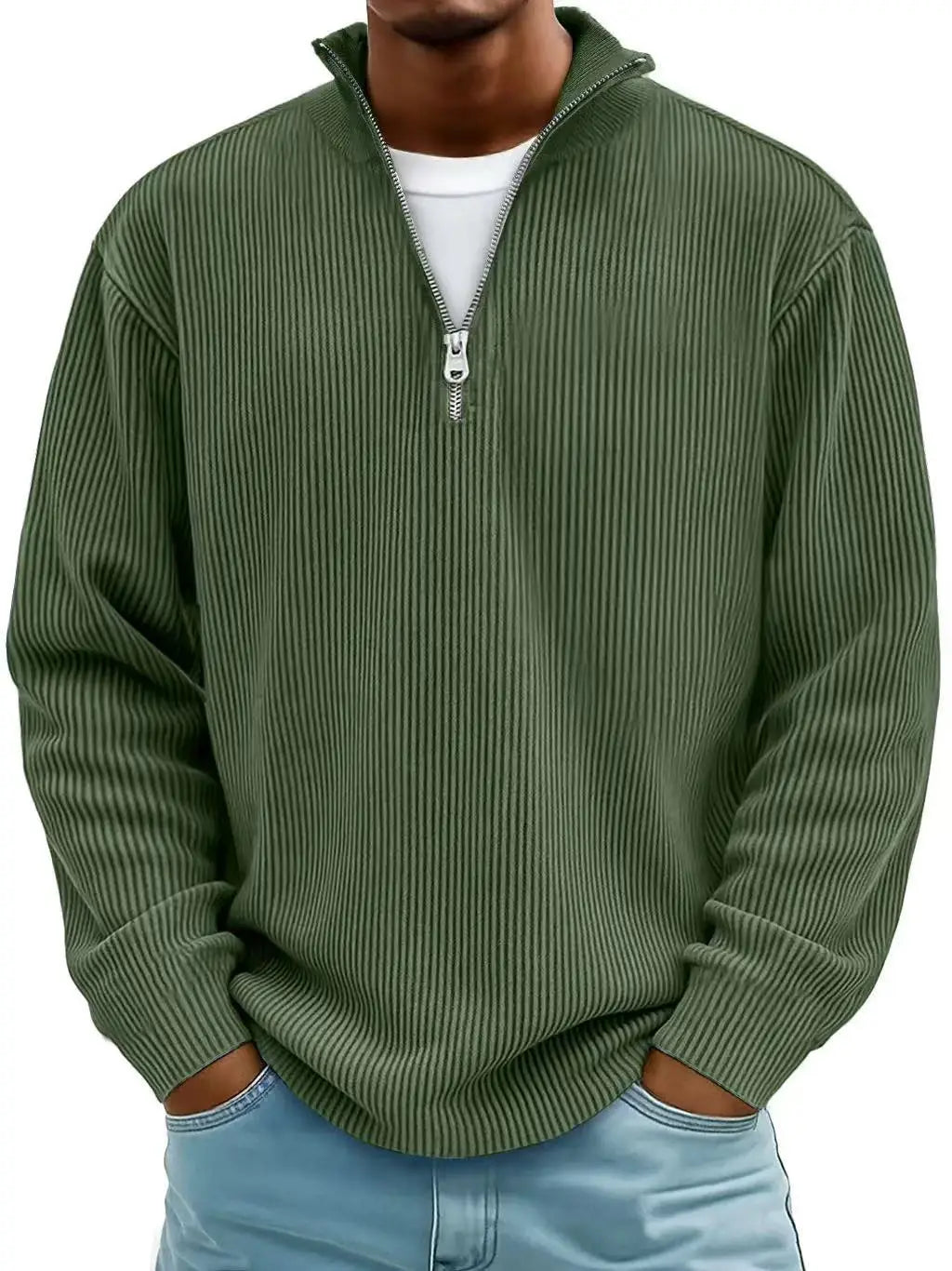 Men’s ribbed knit half zip corduroy polo sweatshirt in olive green with vertical stripes and a half-zip collar.