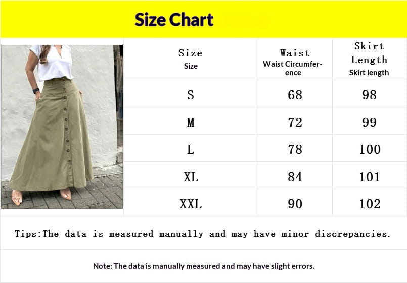 Jupe longue maxi boutonnée devant à taille haute vert olive, réalisée dans un tissu léger, adaptée à un usage décontracté.