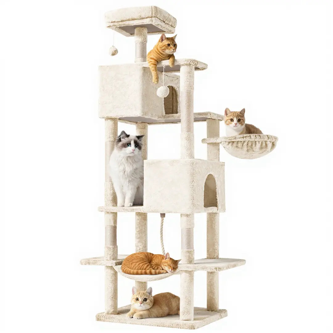 Beige 66 inch multi-cat tree tower and condo with soft carpeted platforms, scratching posts, and a hanging ball toy for multi-level cat play and rest.