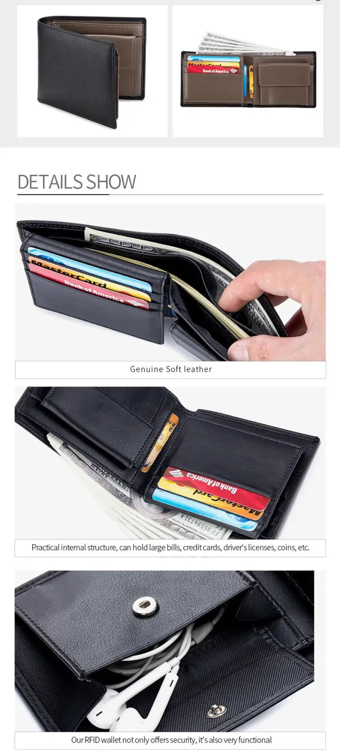 Men’s genuine leather bifold wallet in black with multiple card slots and secure rfid protection featuring a coin pocket.