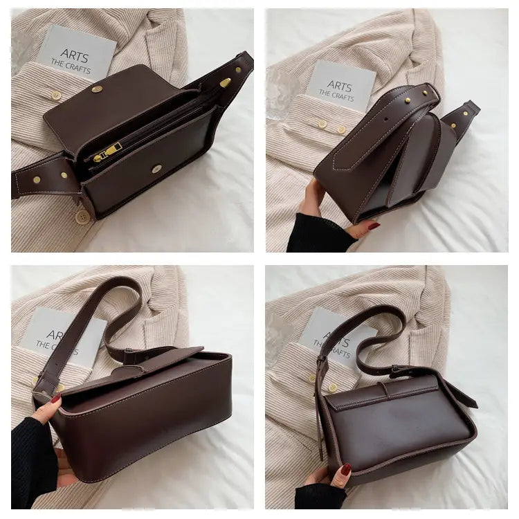 brown leather crossbody bag with gold tone hardware and a detachable strap designed as a minimalist shoulder purse