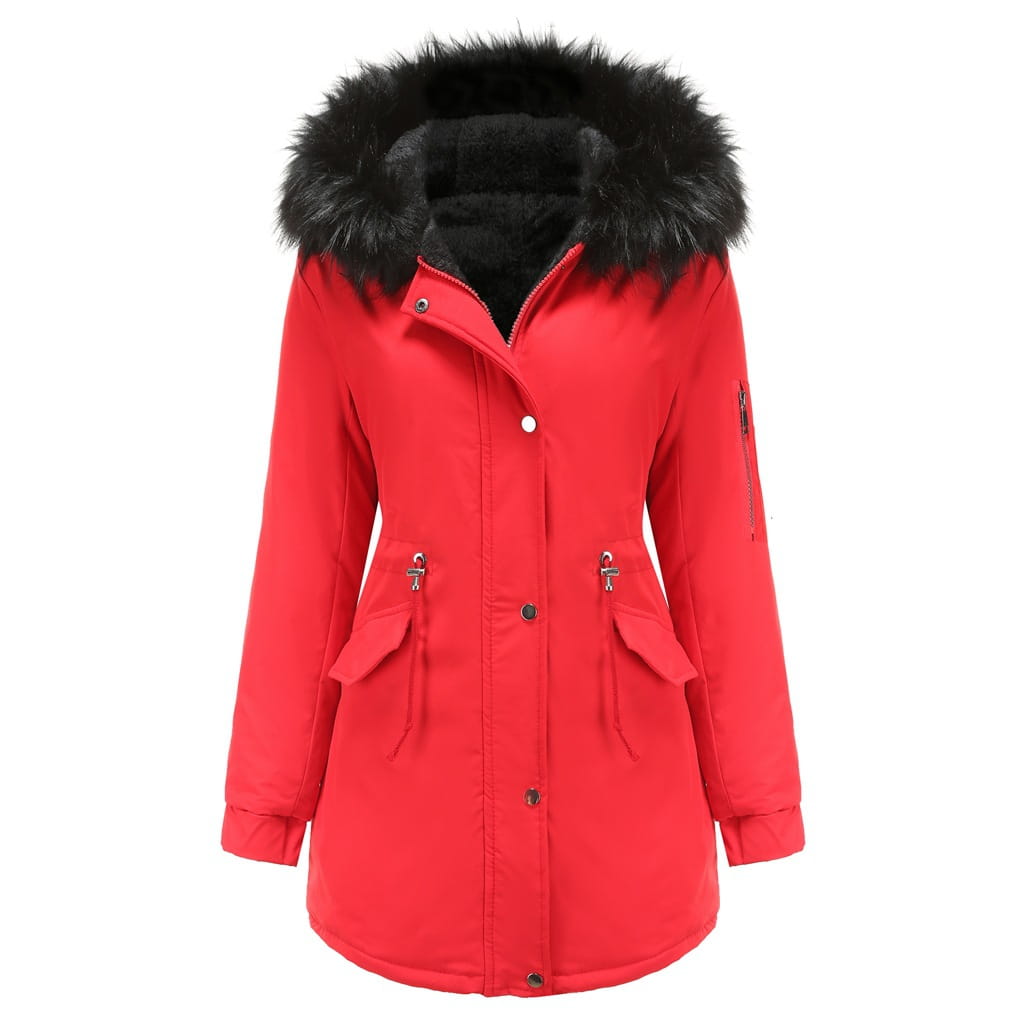 parka de invierno roja vibrante con cuello de piel para mujer, con acolchado de algodón y capucha forrada con piel negra esponjosa, con cierre frontal mediante botón.