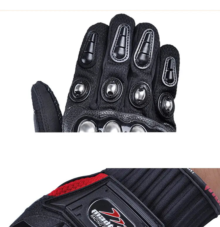 Black alloy knuckle motorcycle racing glove with reinforced knuckle and finger protectors and red accent stitching on the wrist strap shown from the back side.